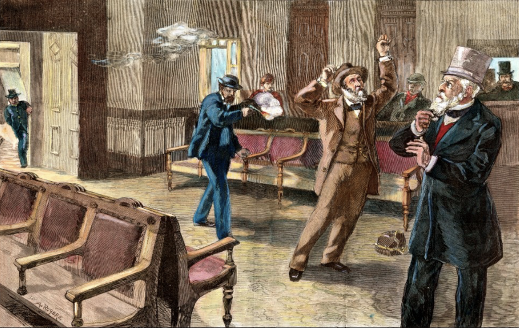 A drawing of the moment when James A. Garfield was fatally wounded by an assassin