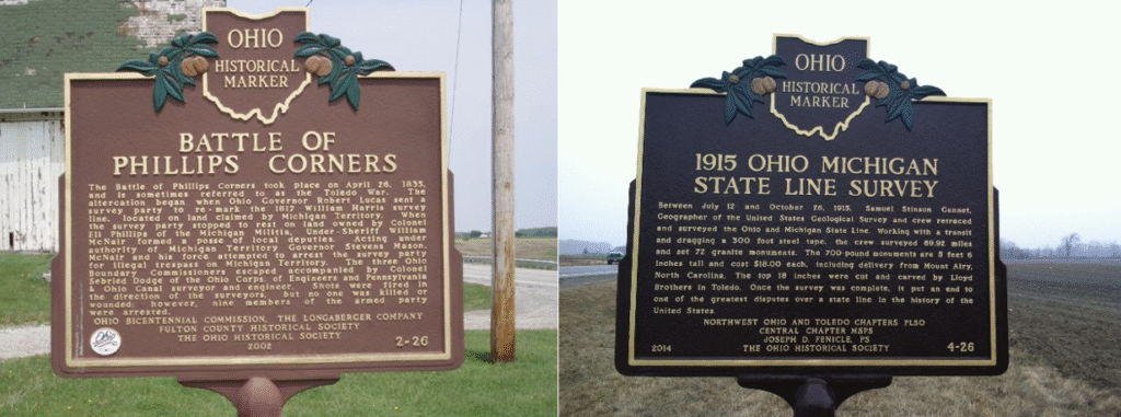Two markers recognize the dispute over the Ohio-Michigan border. On the left, a marker in Seward, Ohio, recognizes the site of the Battle of Phillips Corners, otherwise known as the “Toledo War.” On the right is the marker describing early surveys of the area and the 1915 survey that ended the controversy. Photos courtesy of Ohio History Connection.
